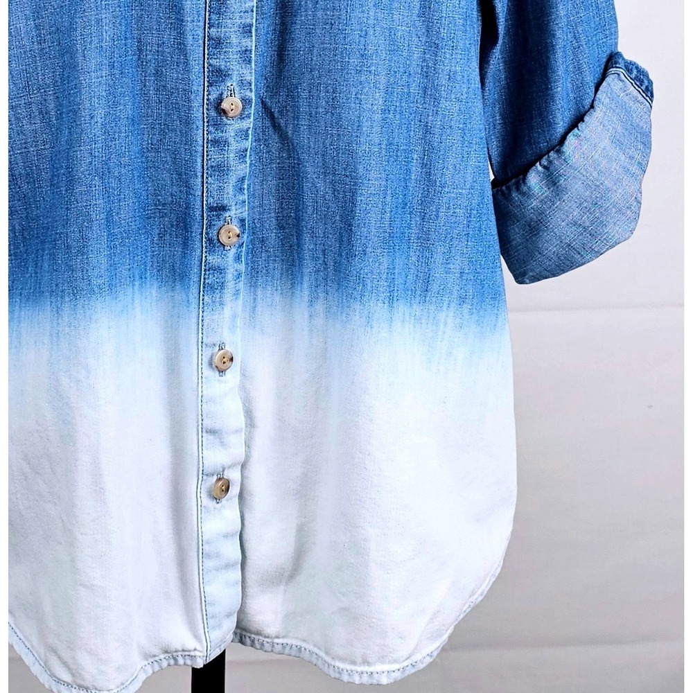 Beautiful J. Jill Denim Shirt Ombre Dip Dye Collarless Button Down Blue White M - Picture 4 of 13